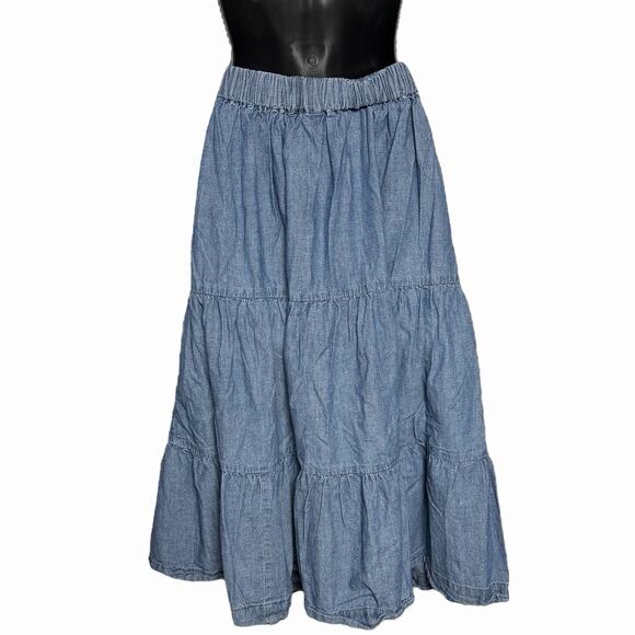 ST JOHNS BAY DENIM TIERED RUFFLE MAXI SKIRT WESTERN BOHO COTTAGE COTTON SIZE M - Picture 3 of 5